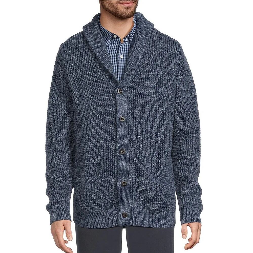 L.L. Bean Waffle Knit Cardigan Men’s Shawl Collar 100% Organic Cotton Sz M Blue